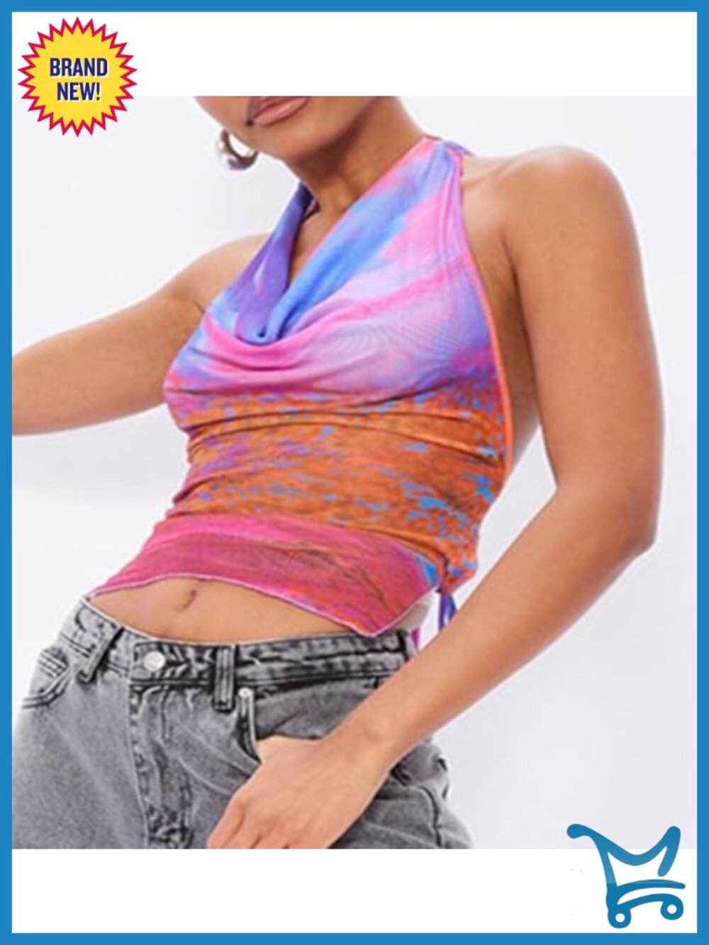 Women's Tie Dye Halter Crop Top Ruched Sleeveless V Neck Draped Cami Tank - Picture 6 of 6